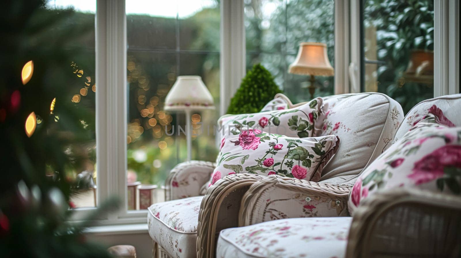 Colorful pillows on sofa against glass wall of window in a winter garden or conservatory. Interior textile concept. High quality photo