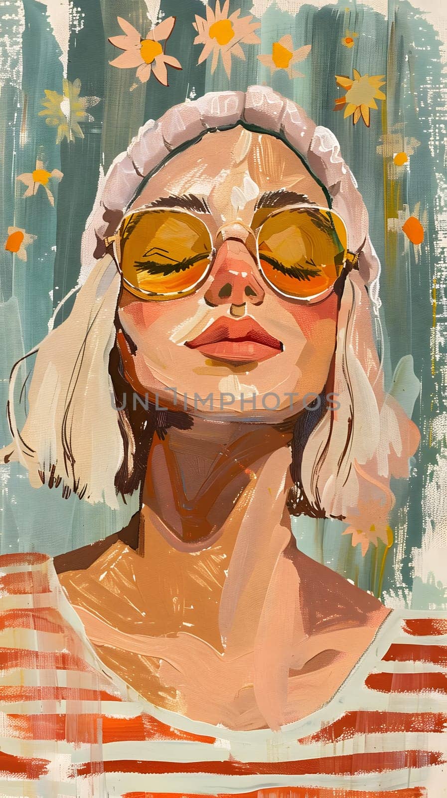 A portrait of a stylish woman in sunglasses and a striped top under the summer sunlight