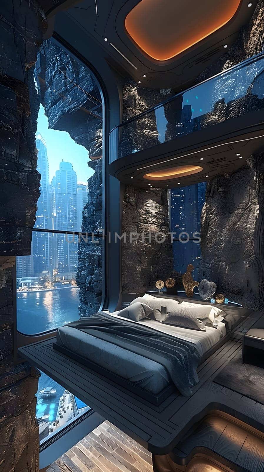 The building features a bedroom with a kingsized bed and a large window offering a view of the electric blue automotive exterior. The room is adorned with wooden artwork, creating a cozy atmosphere