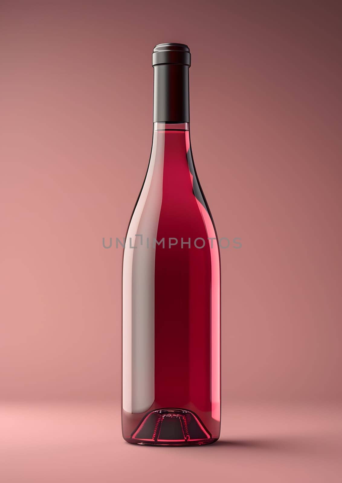 A glass bottle of red liquid with a black metal bottle stopper on a magenta background. This still life photography captures the essence of a fine drink