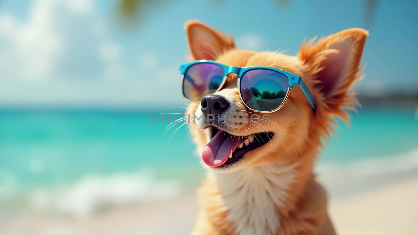 A dog wearing sunglasses is standing on a beach. The dog is smiling and he is enjoying the sunny day