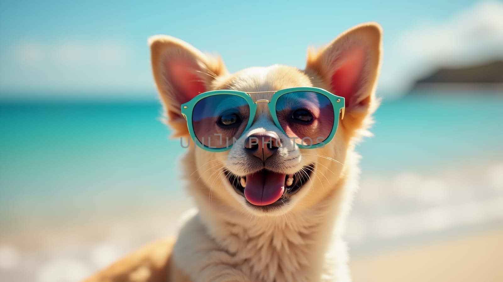 A dog wearing sunglasses is standing on a beach. The dog is smiling and he is enjoying the sunny day