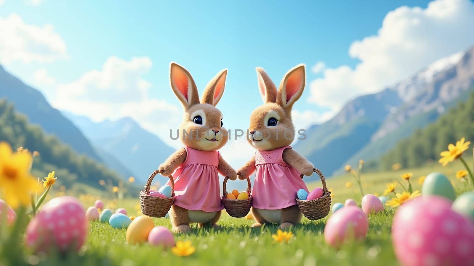 Two rabbits holding baskets of Easter eggs in a field