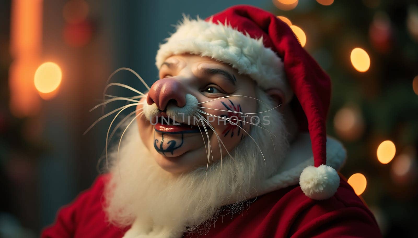 A man in a red Santa hat with a fake nose and face paint. He is smiling and looking at the camera