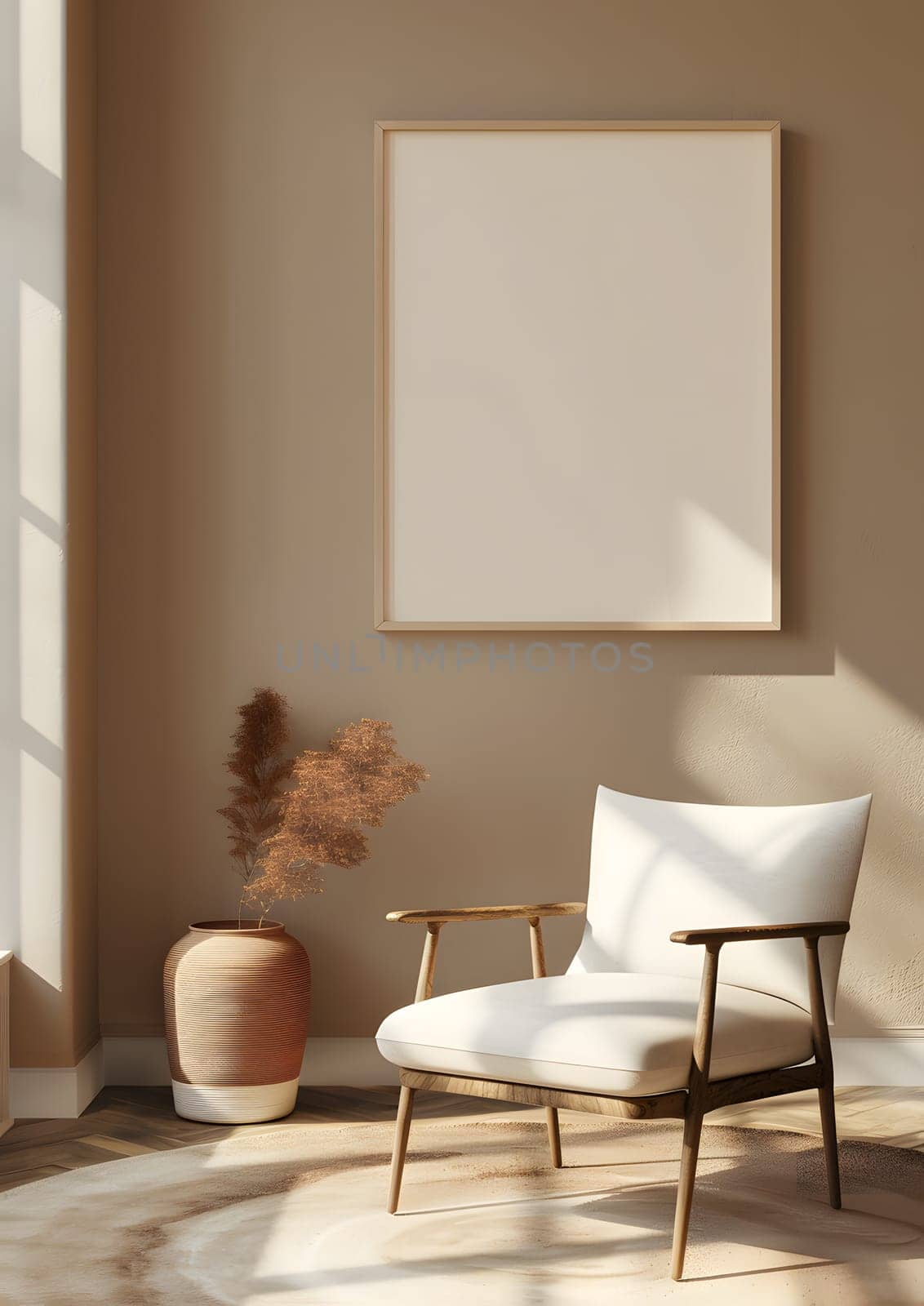 An interior design with furniture like a chair and a picture on the wall, creating a comfortable living room ambiance with wooden flooring and a cozy feel