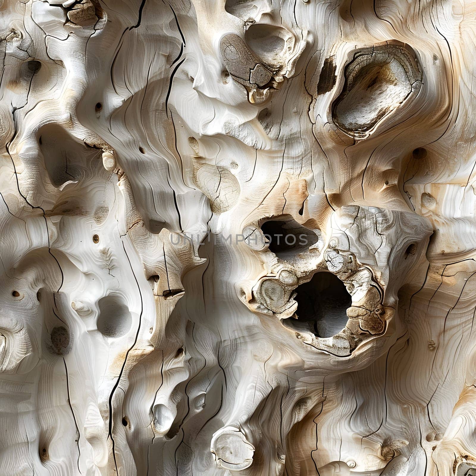 A closeup of a wooden sculpture reveals a intricate pattern of holes, resembling an organisms bone structure. The relief on the trunk creates a unique and artistic artifact