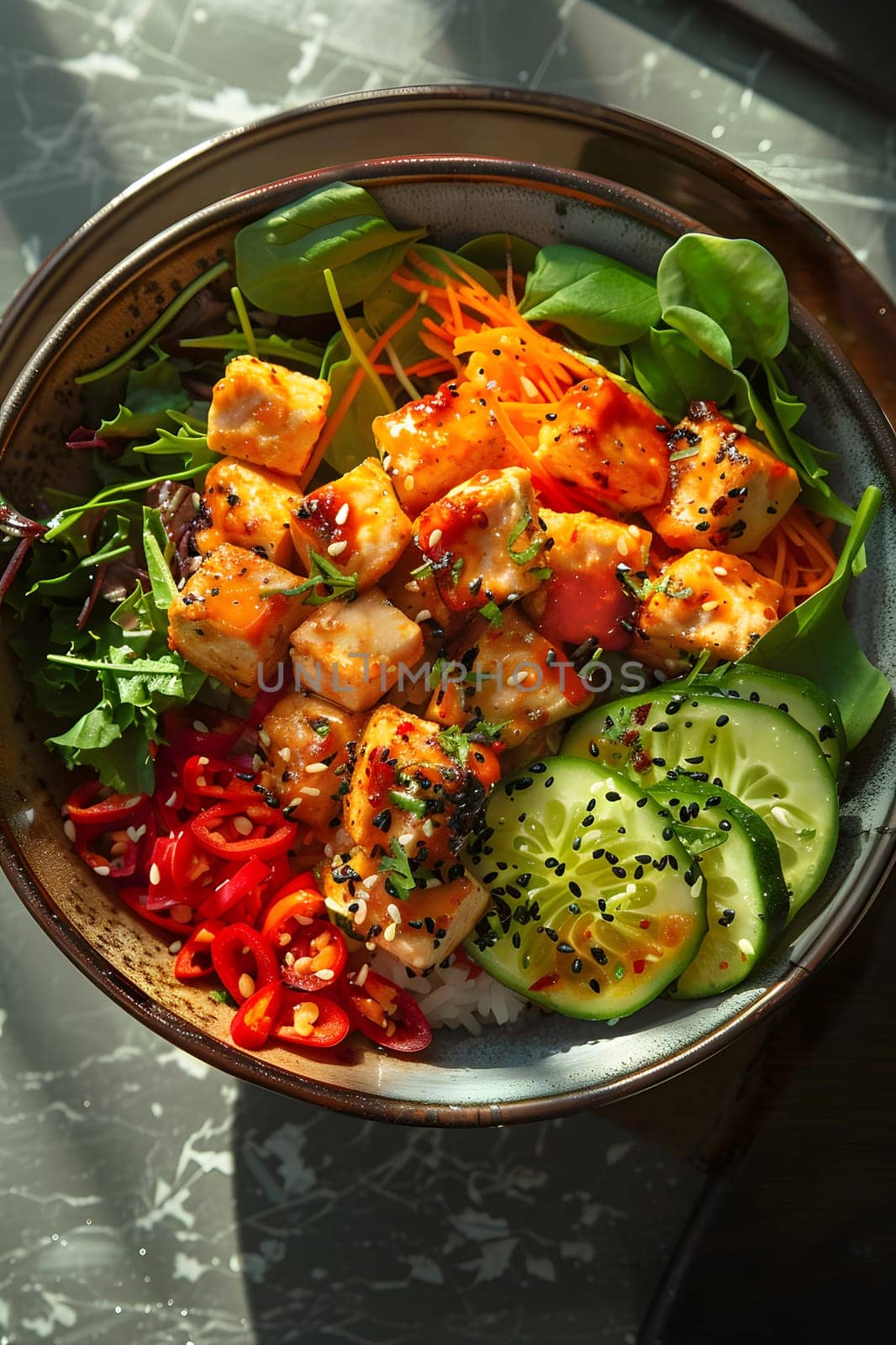 A delicious dish made of natural foods including meat, vegetables, and rice served in a bowl on a table, showcasing a nutritious recipe packed with ingredients like leaf vegetables and superfoods