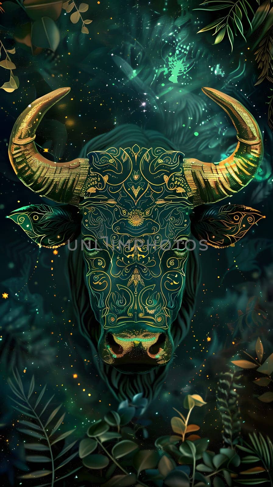Highly detailed bulls head with intricate designs in a magical forest
