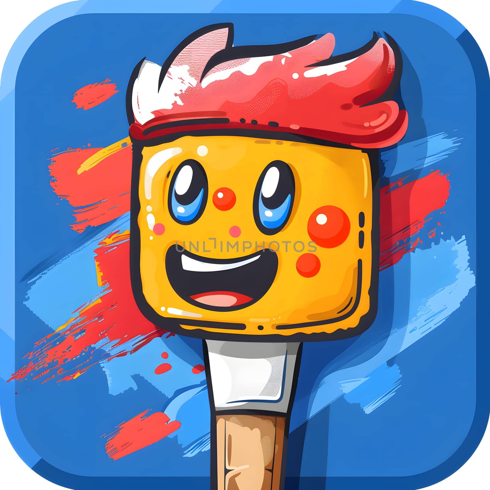 A cartoon illustration of a toy paint brush with a smiling face on it. The brush is electric blue in color, with a rectangular Legolike font design