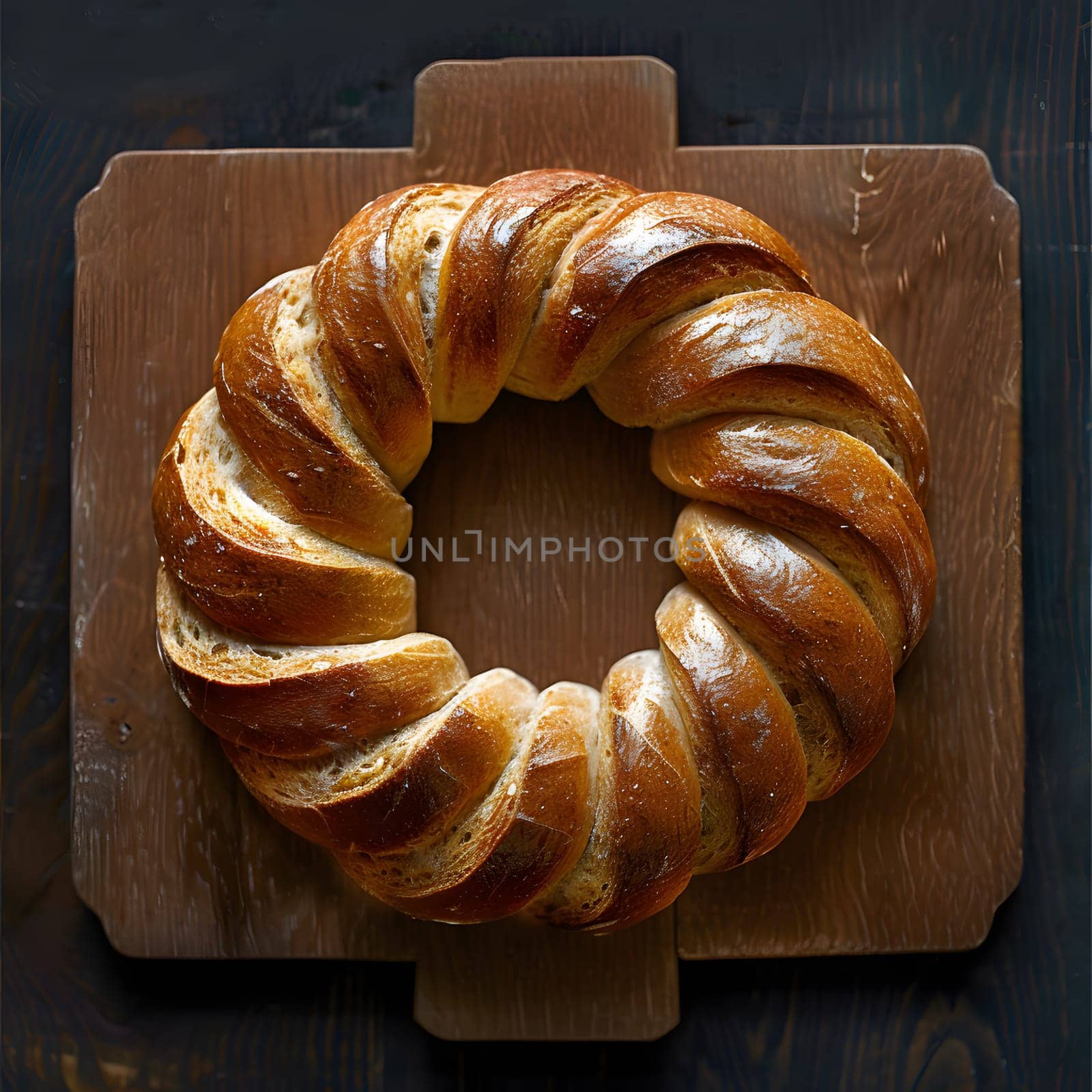 A staple food, a loaf of bread is placed on a wooden cutting board. This baked goods ingredient is essential in various cuisines and recipes