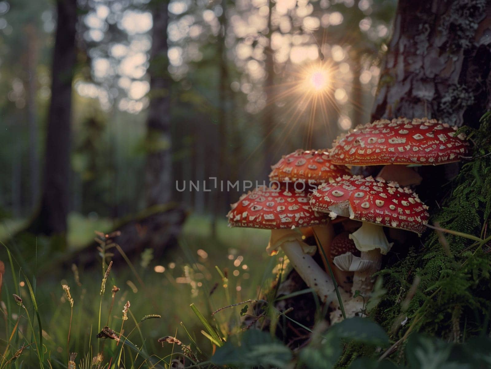 Red and white spotted fly agaric mushrooms growing in the grass by a tree trunk, illuminated by warm sunlight shining through the trees