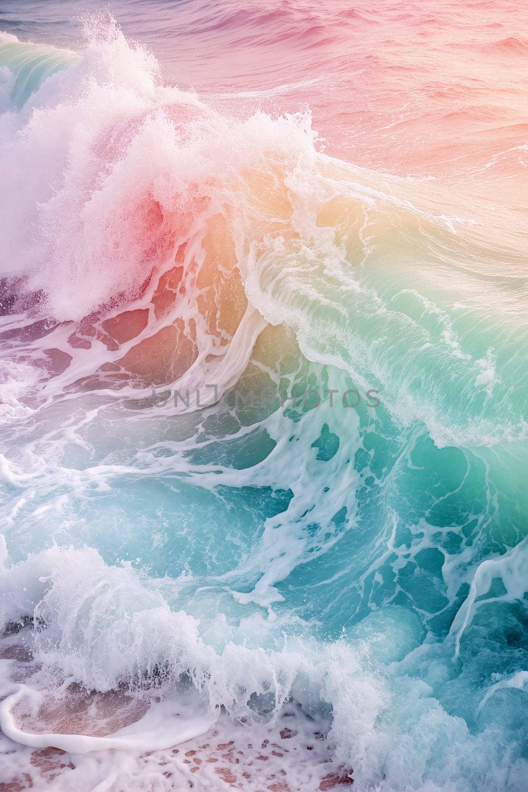 Waves roll onto the sandy beach during sunset, creating a stunning display of color with pink, blue, and white hues blending together - Generative AI