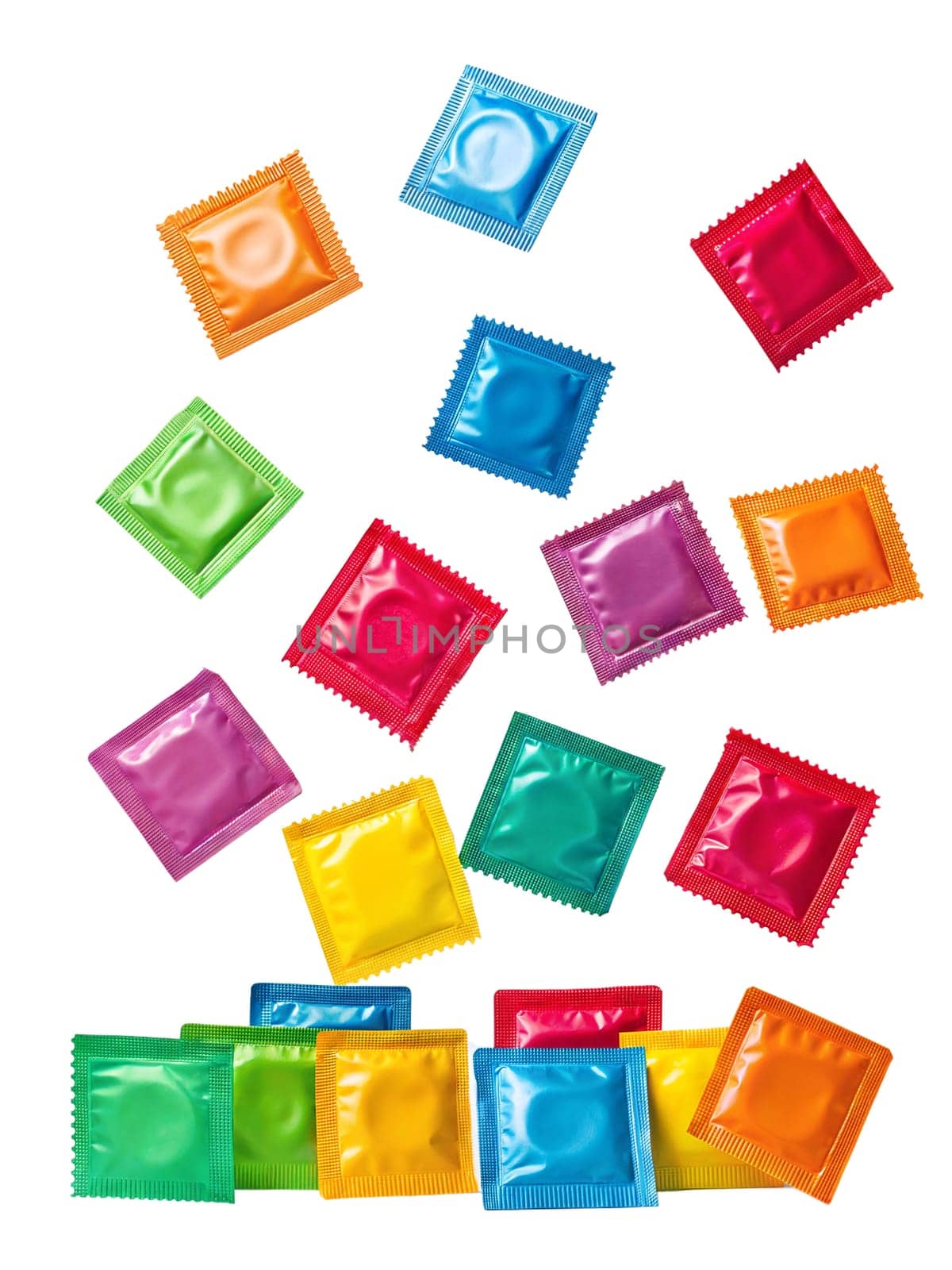 Lots of colorful condoms levitating in the air isolated on white background, top view.