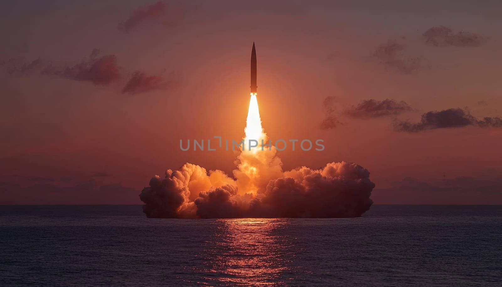 A stunning view of a rocket launching into the clear sky, lighting up the vibrant sunset over calm water