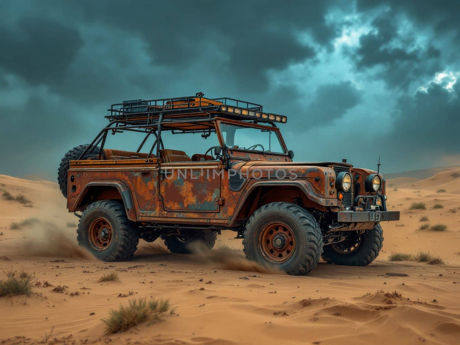 Old rusty car speeding across sandy dunes in the desert, racing beneath a dramatic sky filled with dark, swirling clouds. Ai generated