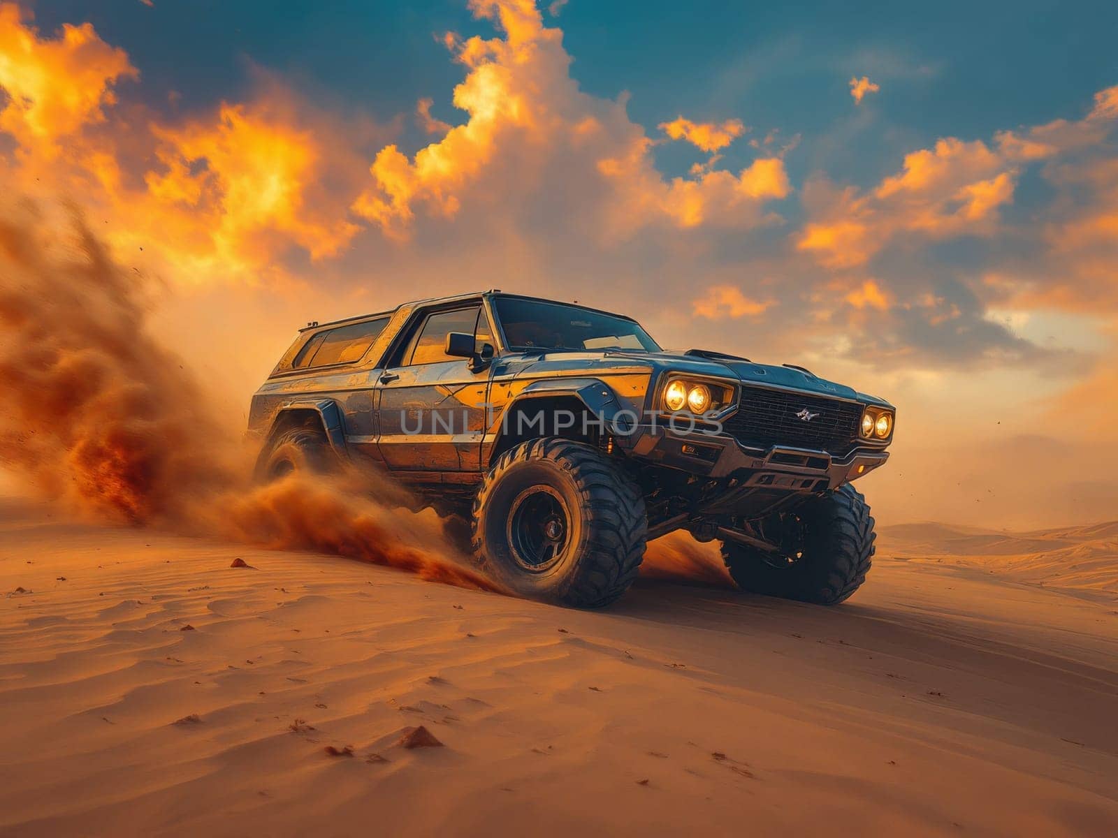 Custom built offroad vehicle is climbing a dune in the desert at sunset, kicking up a cloud of dust. Ai generated