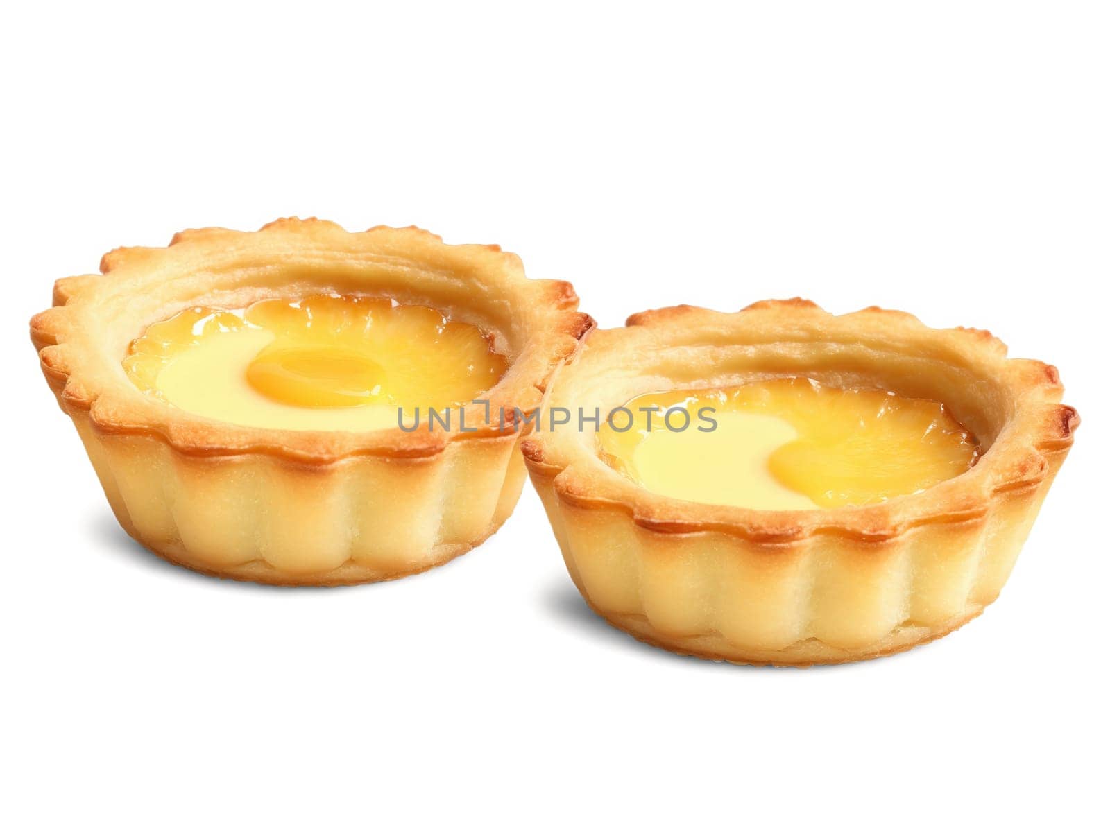 Pastel de Nata, crisp flaky pastry tartlet with creamy egg custard filling, caramelized spots, dusted with cinnamon, Portuguese treat, warm..