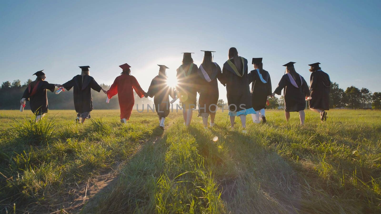 Group of students wearing graduation gowns walking away in a field at sunset, holding hands and celebrating their achievement