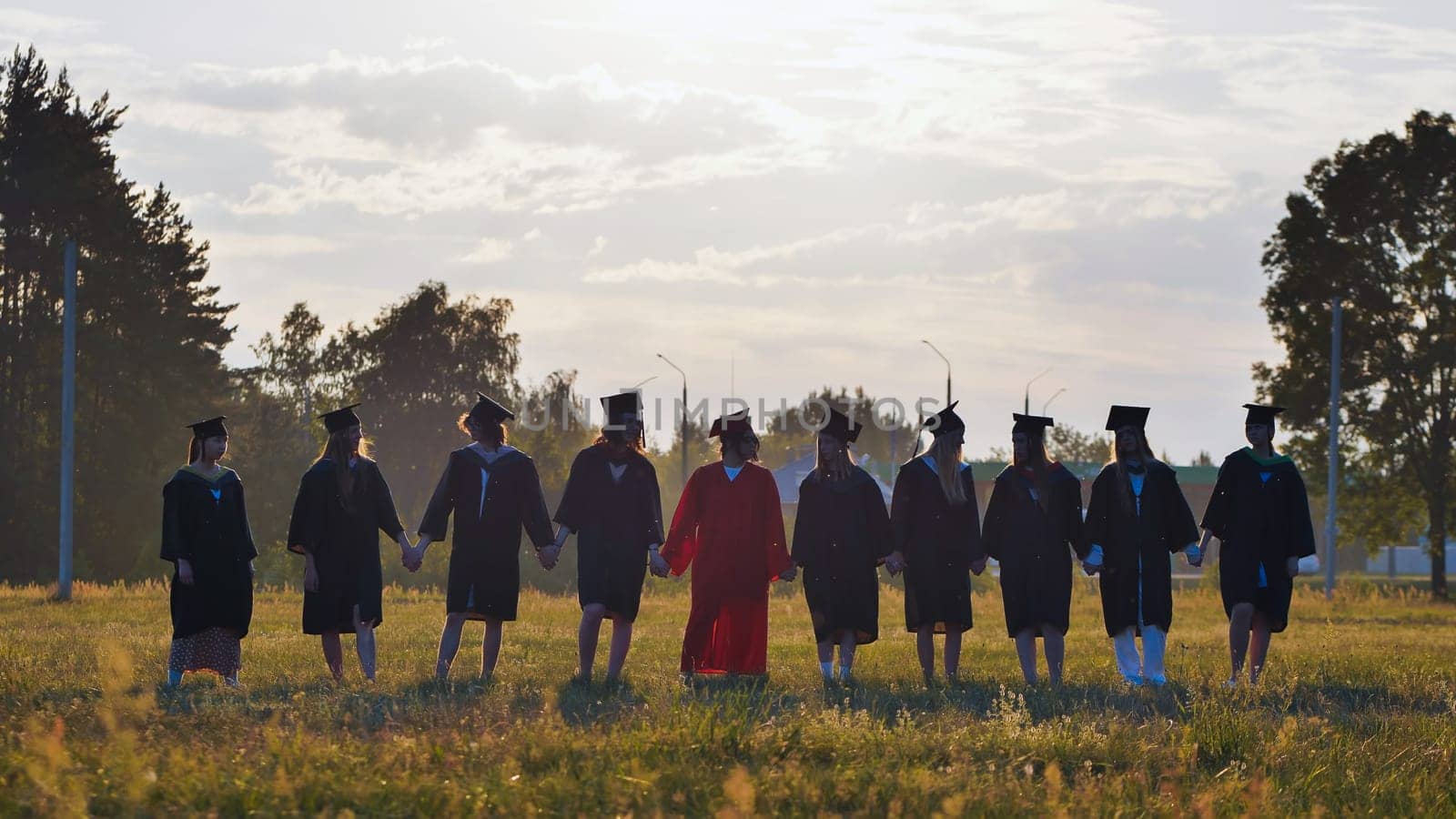Group of friends are celebrating their graduation by wearing their cap and gown and waving in a field at sunset