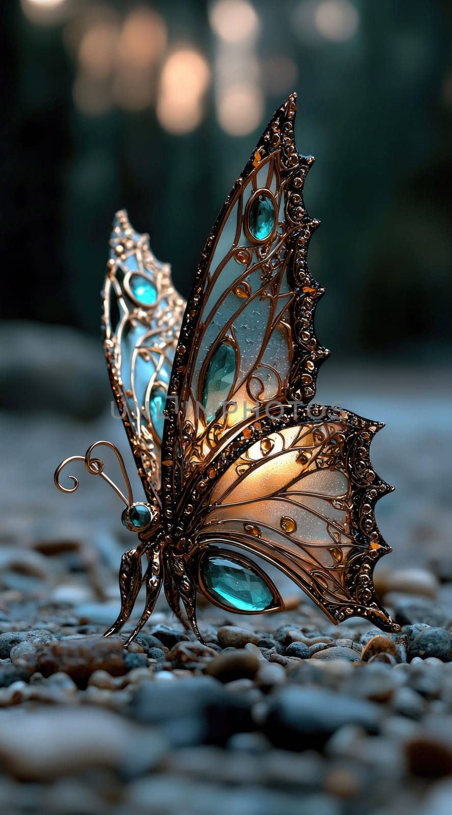 Beautiful butterfly: iridescent wings, diamond accents, golden highlights, delicate resting pose, intricate floral pattern, glowing gemstones, metallic shimmer, fantasy design, radiant light