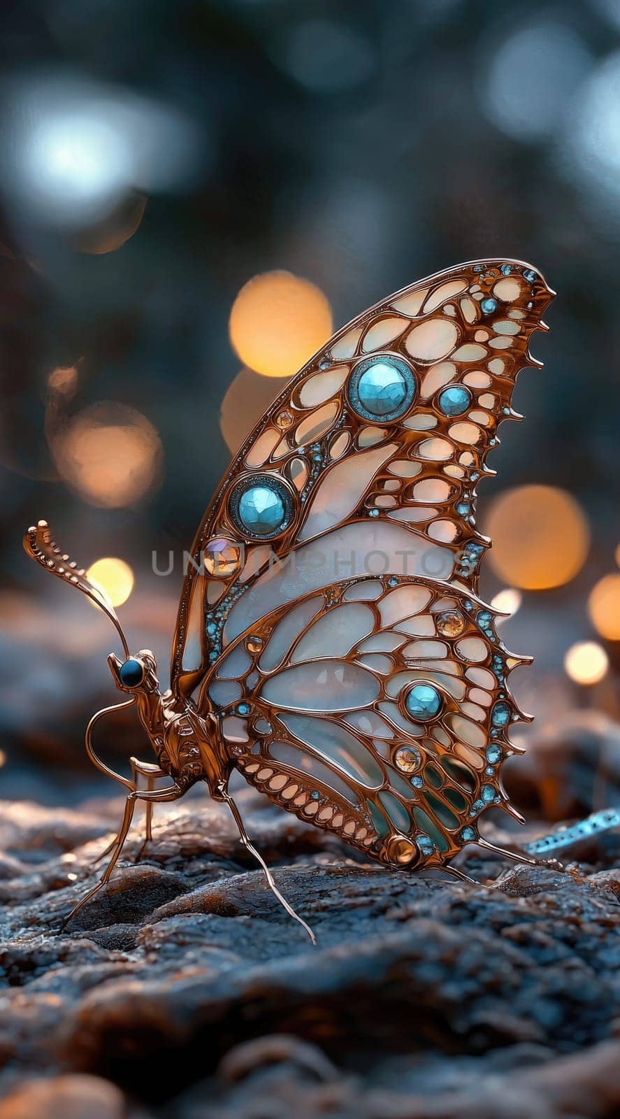 Fantasy butterfly: shimmering wings, diamond-encrusted design, golden embellishments, floral elegance, glowing accents, metallic glow, gemstone allure, ethereal beauty, intricate magical detailing