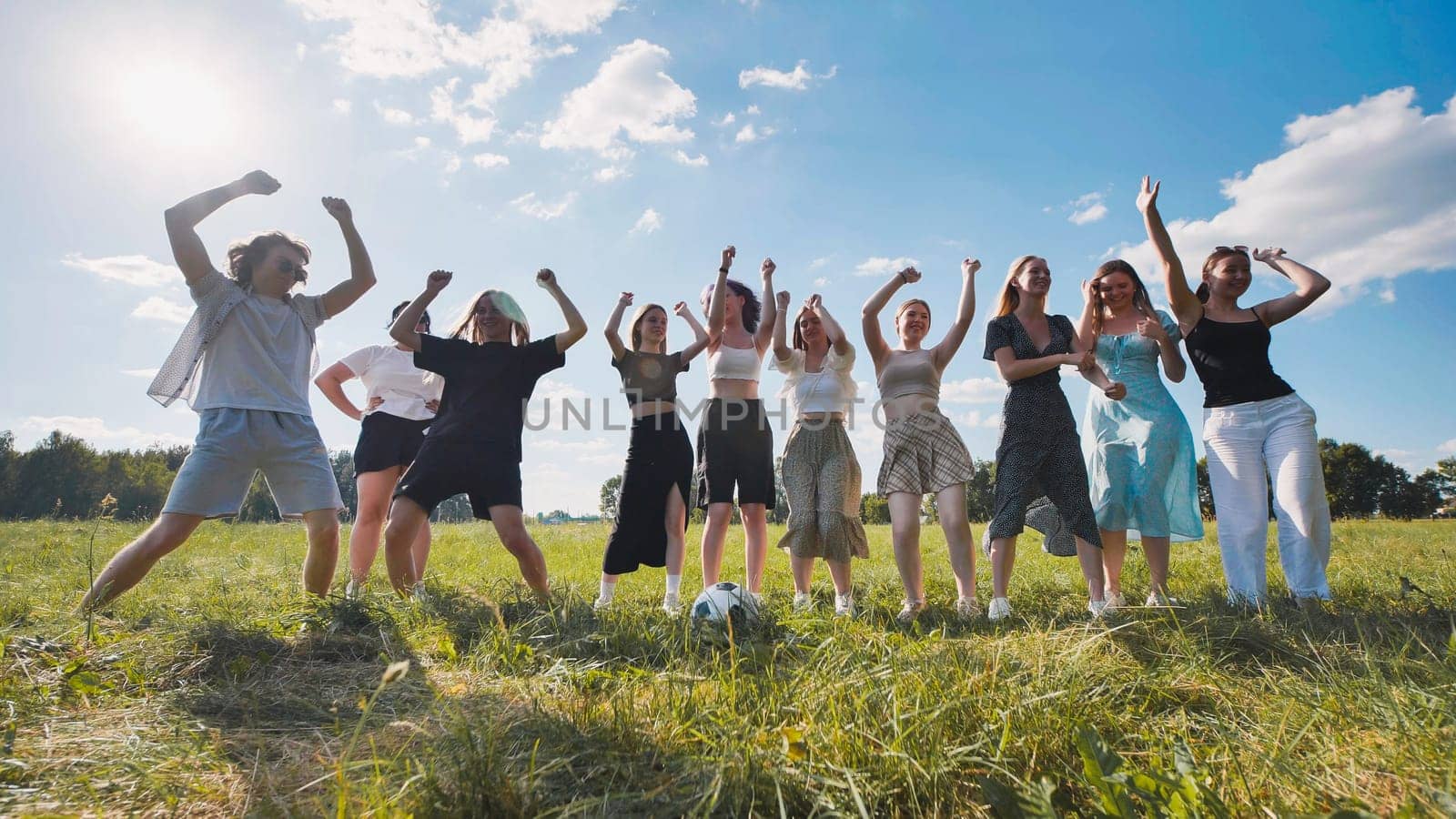 Group of joyful high school students dancing and celebrating in a field on a sunny summer day, enjoying their vacation