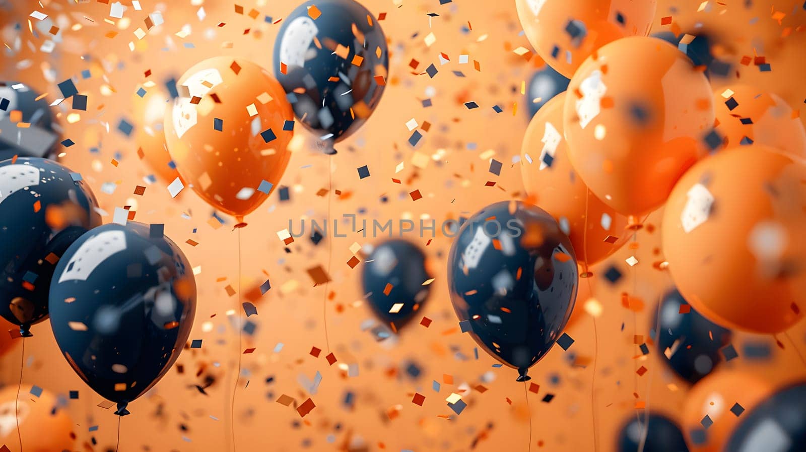 A mix of liquid orange and electric blue balloons along with amber confetti are floating in the air, creating a festive space filled with vibrant colors