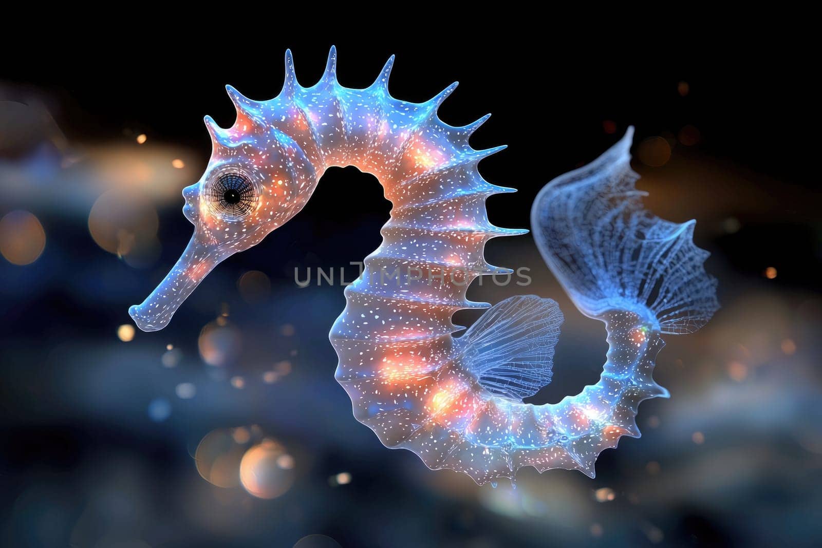 Radiant Seahorse: Fractal inspired seahorse, bioluminescent display, colorful patterns, luminous marine creature, glowing ocean creature, dynamic light display, surreal aquatic design