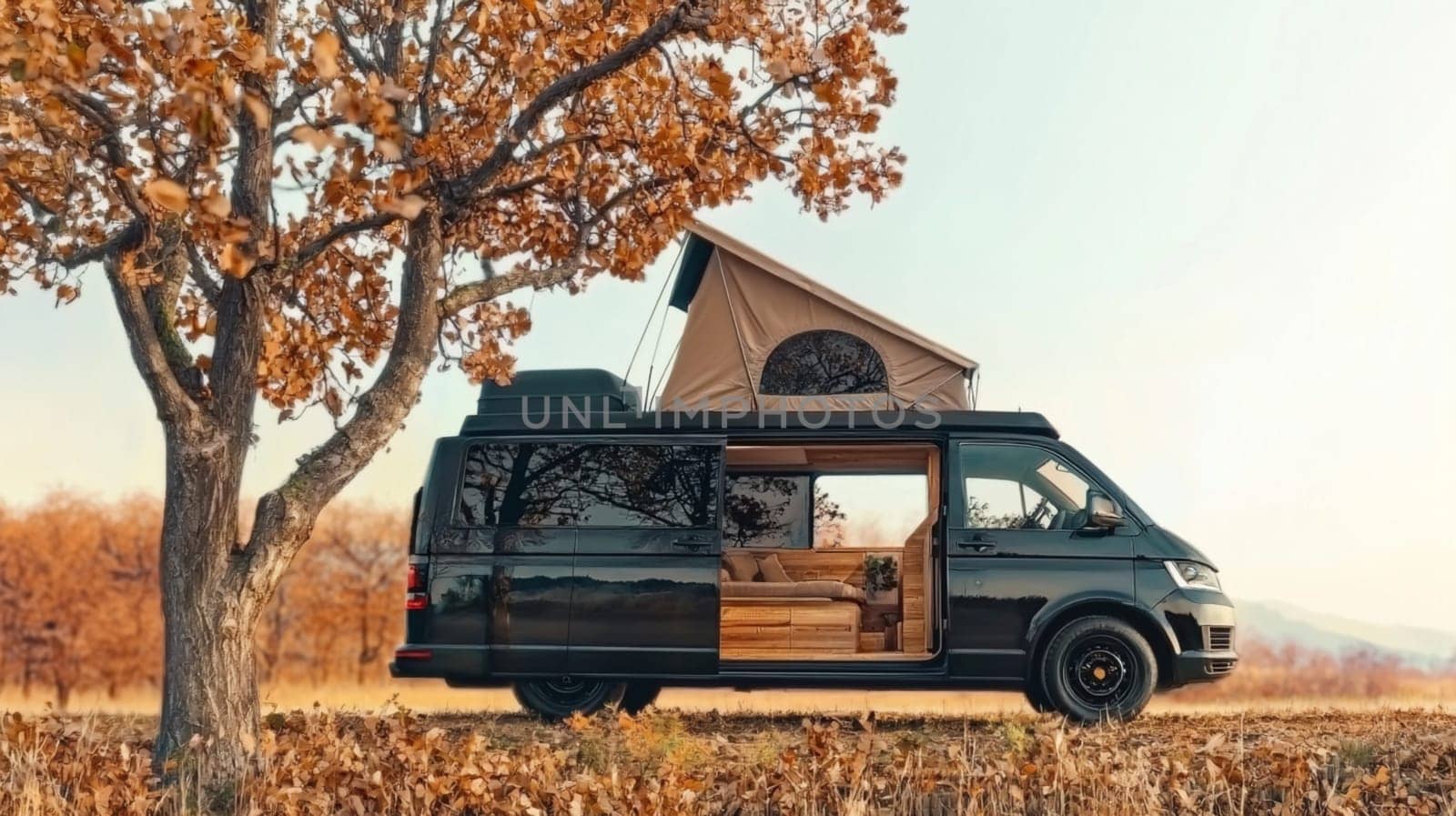 Sleek black camper van is parked in a field, its door open to reveal a cozy interior, inviting you to experience the freedom of the open road