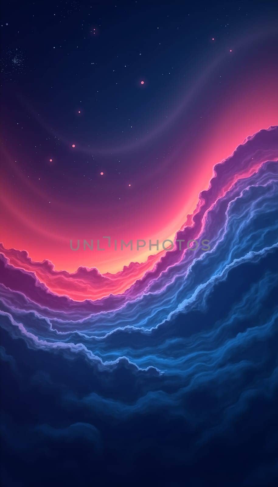 A stunning display of colorful clouds stretches across the horizon, showcasing vibrant pink and blue shades as sunset light bathes the sky - Generative AI