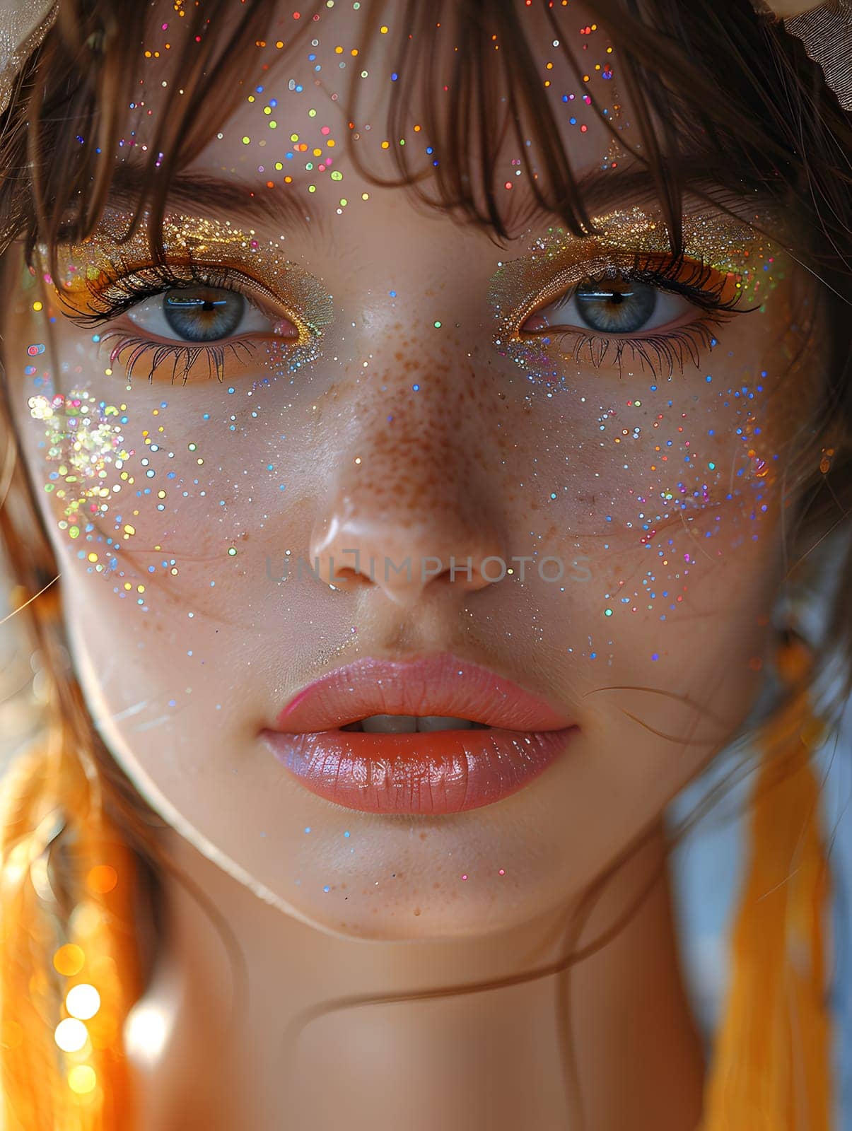 A close up of a womans face with glitter on her forehead, nose, cheeks, and lips. Her chin, eyebrows, hairstyle, and skin glowing. The eyes show a mesmerizing facial expression