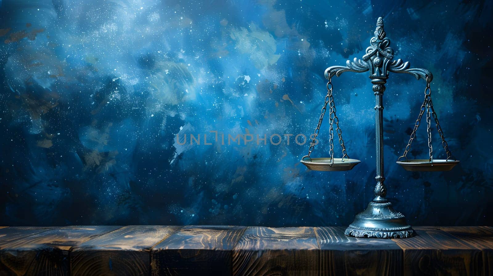 An electric blue scale of justice sits on a wooden table, surrounded by a vibrant painting of a natural landscape with a city in the distance