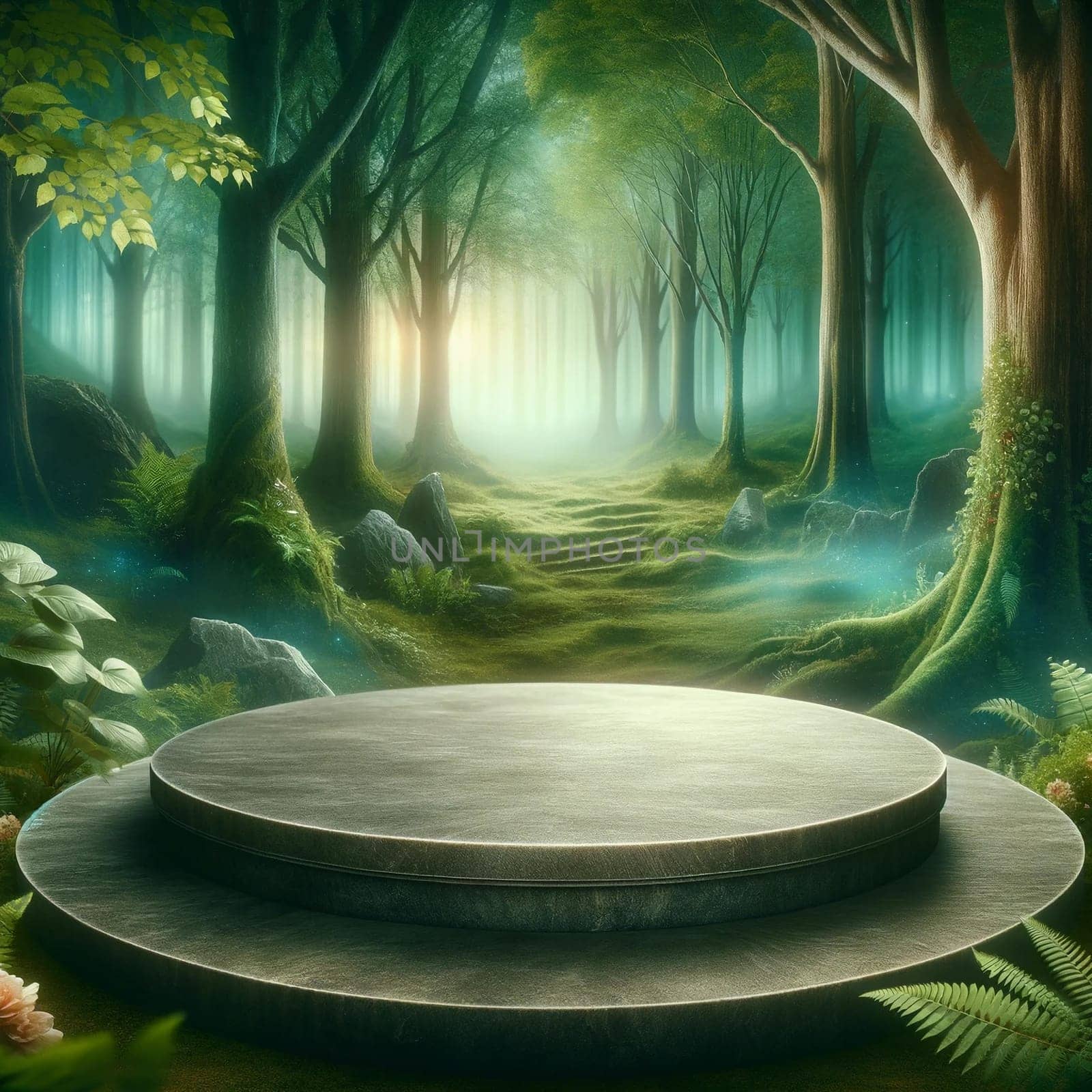 A painting of a flat stone podium in a magical forest, featuring an empty round stand set against a mystical background.