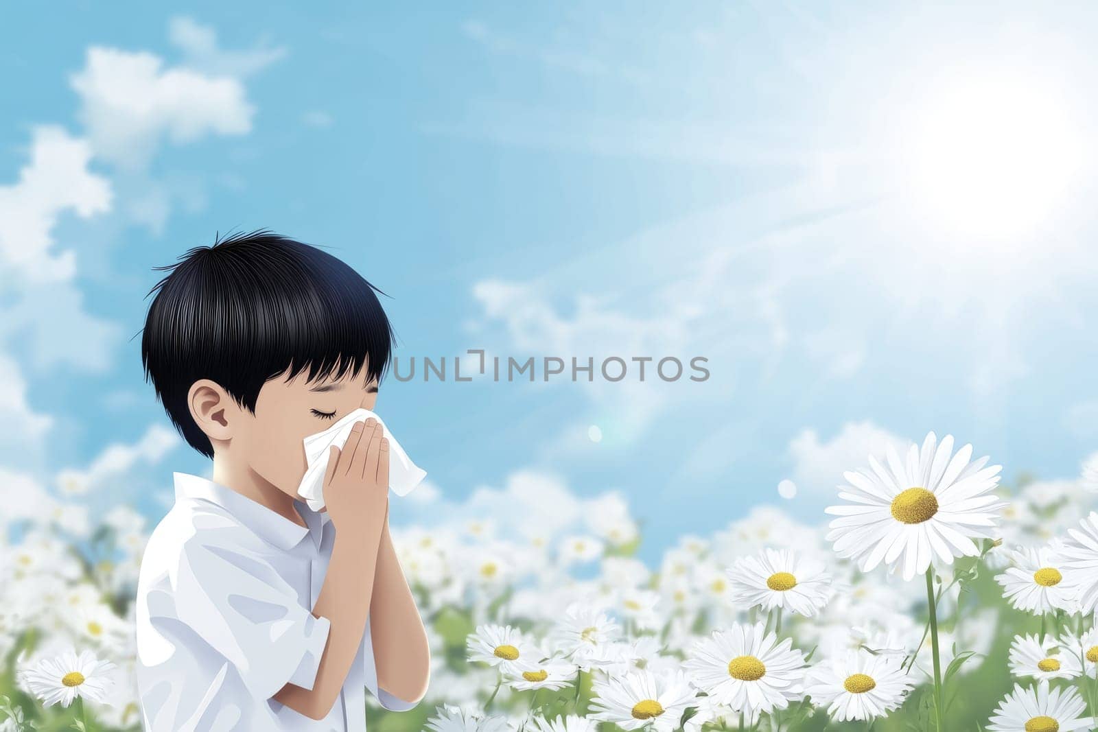 Allergy to plants concept: seasonal bloom, floral trigger, respiratory irritation, red eye, nasal sneeze, environmental factor, pollen spread, immune defense, sensitive symptom, spring condition