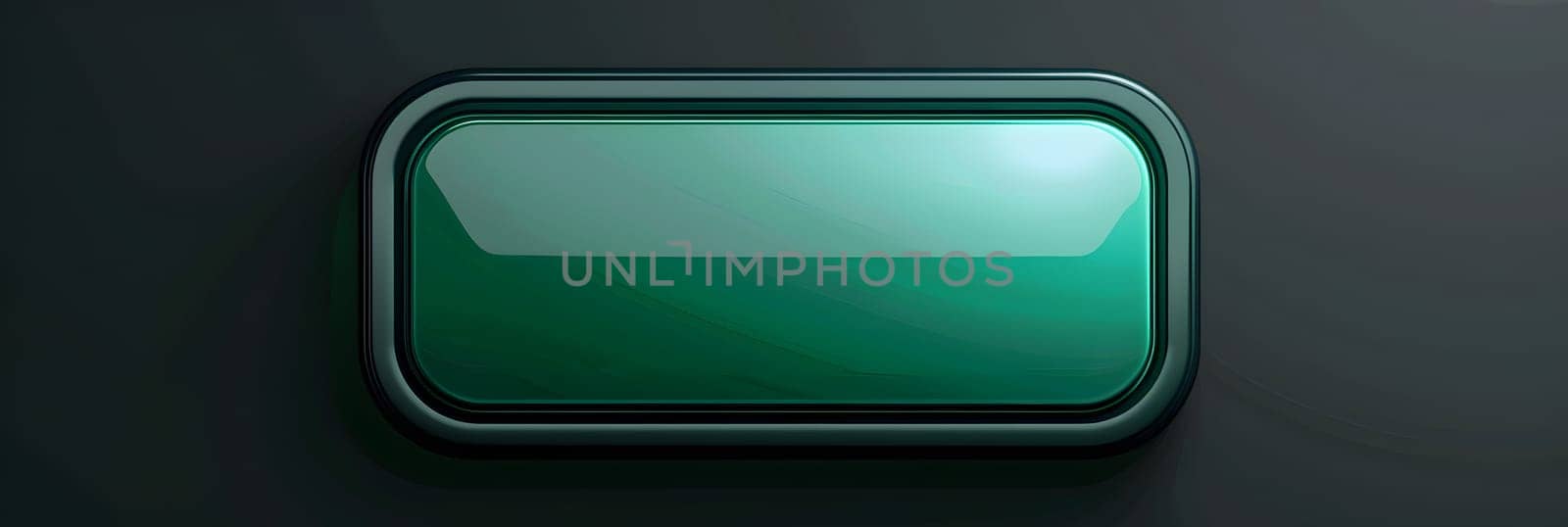 Bright green button with a glossy shine on a dark background, smooth and shiny