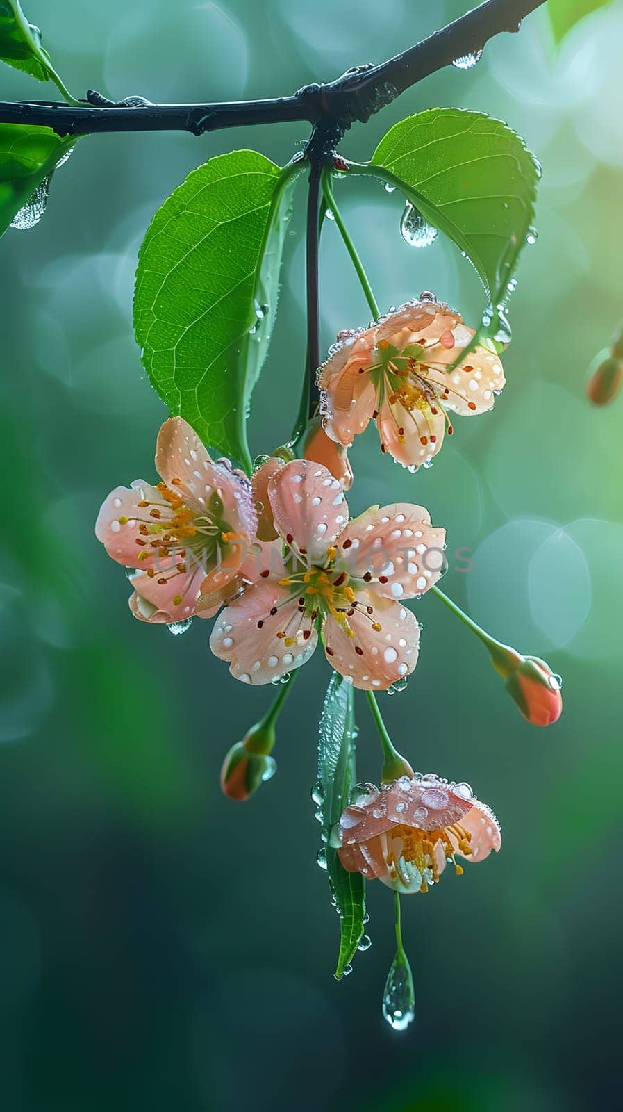 A closeup shot of a flower showcasing its intricate petals with dew drops on them, highlighting the beauty of natures design