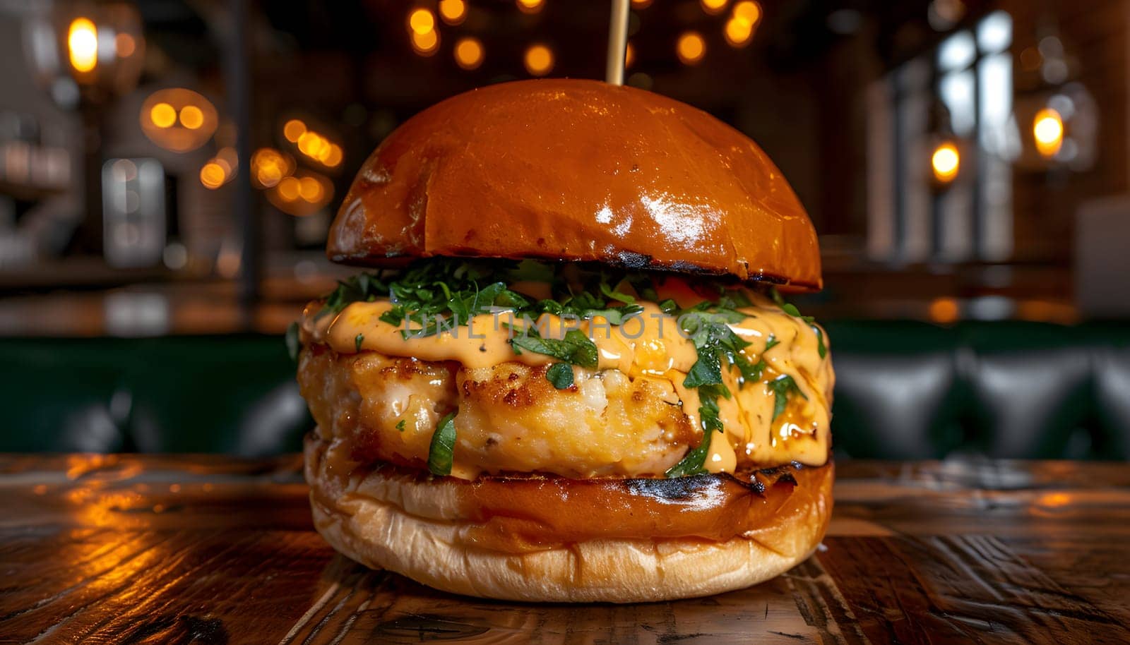 A closeup shot of a delicious hamburger on a wooden table, showcasing the staple foods ingredients and tableware. A classic fast food dish ready to be enjoyed