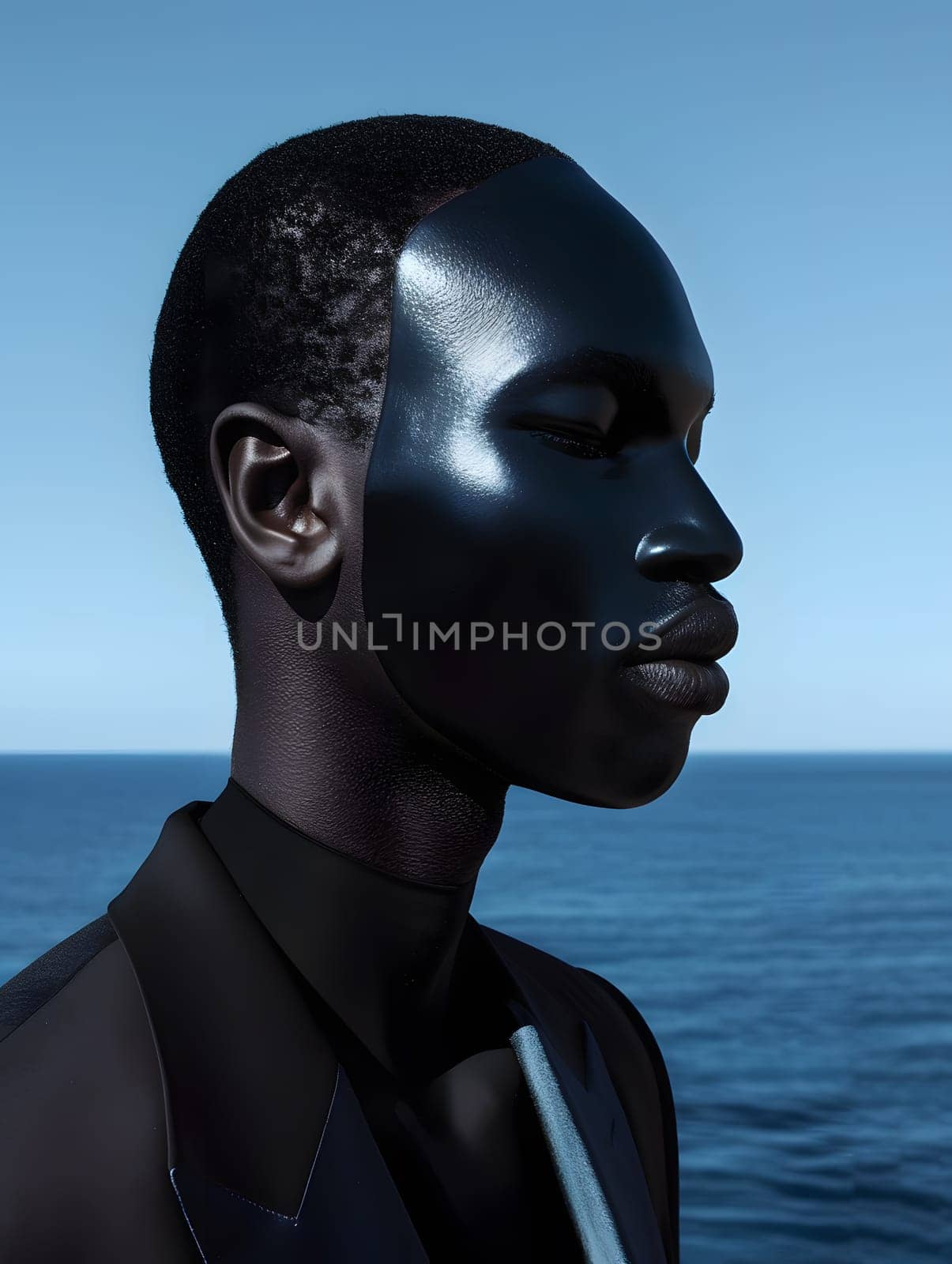 A man wearing a black mask is gazing out at the vast ocean, his jawline sharp against the fluid horizon. The sky and water blend like a sculpture, a masterpiece of natural art
