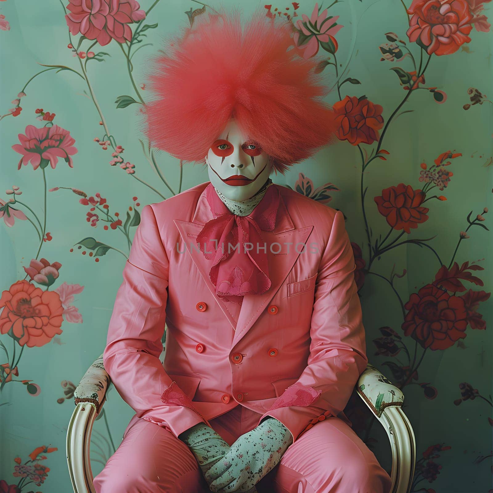 A visual arts performer in a magenta textile suit with pink sleeves sits in a chair. The outfit is accessorized with a colorful wig, showcasing a unique and artistic pattern