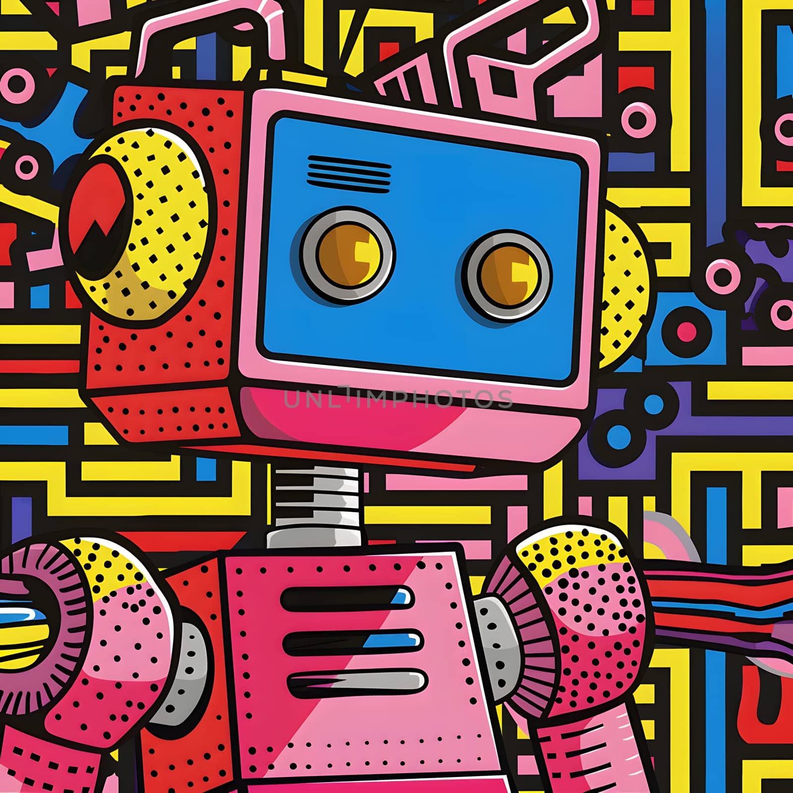A magenta robot with a blue head created in a textile art style. The design features a rectangular body adorned with a unique pattern, showcasing a blend of technology and creativity