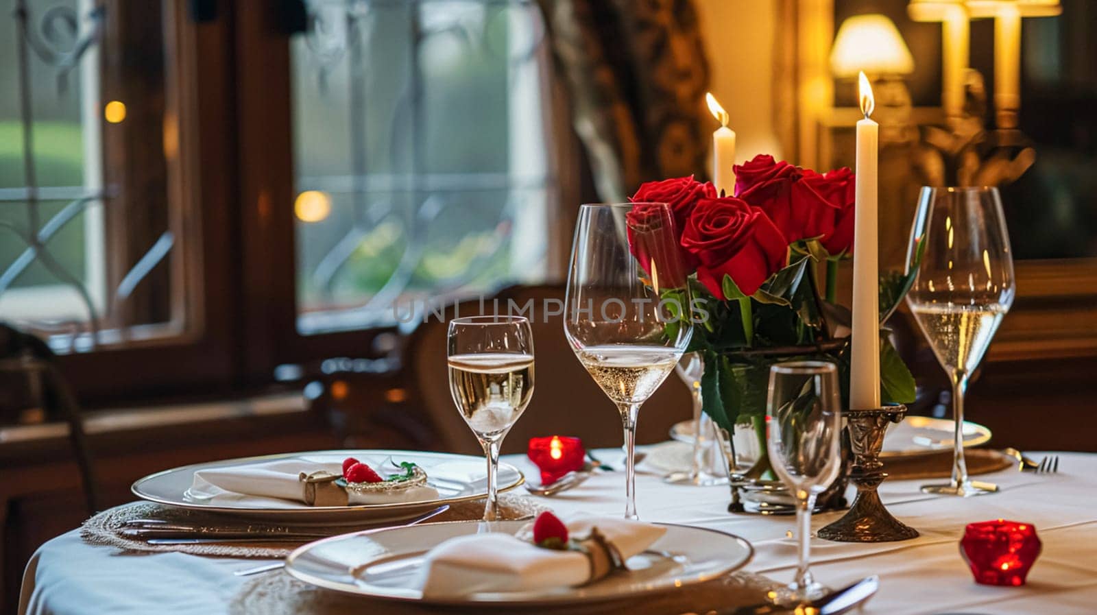 Festive table setting with candles and arrangement of beautiful red flowers. Holiday concept. High quality photo
