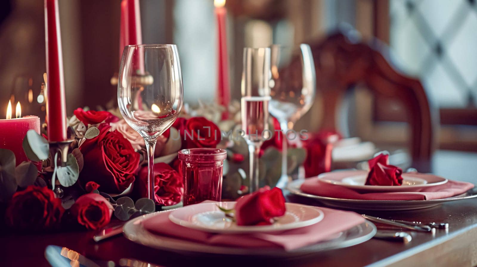 Festive table setting with candles and arrangement of beautiful red flowers. Holiday concept. High quality photo