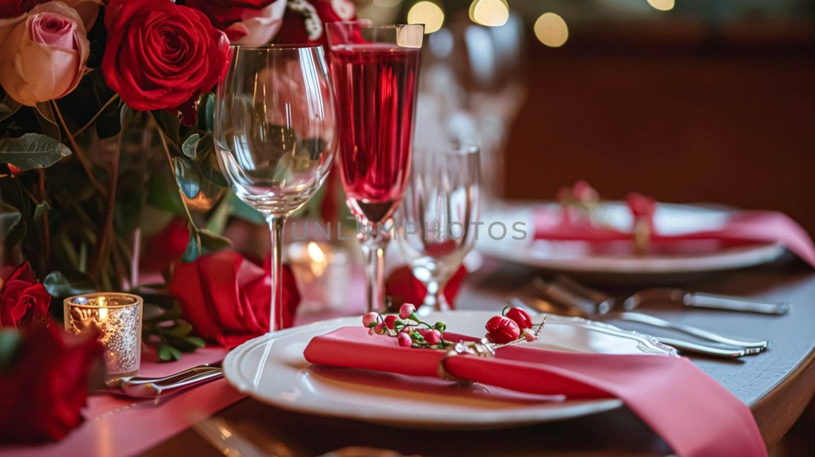 Festive table setting with candles and arrangement of beautiful red flowers. Holiday concept. High quality photo