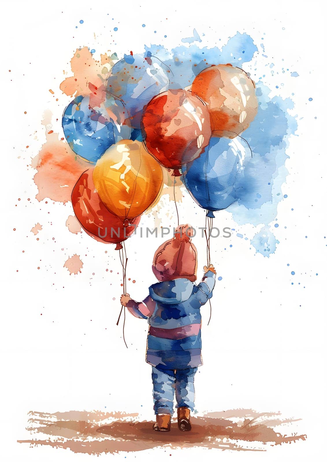 A child depicted in a watercolor painting holds a bunch of balloons, capturing a happy moment in nature. The art conveys a sense of joy and recreation, as well as the act of sharing