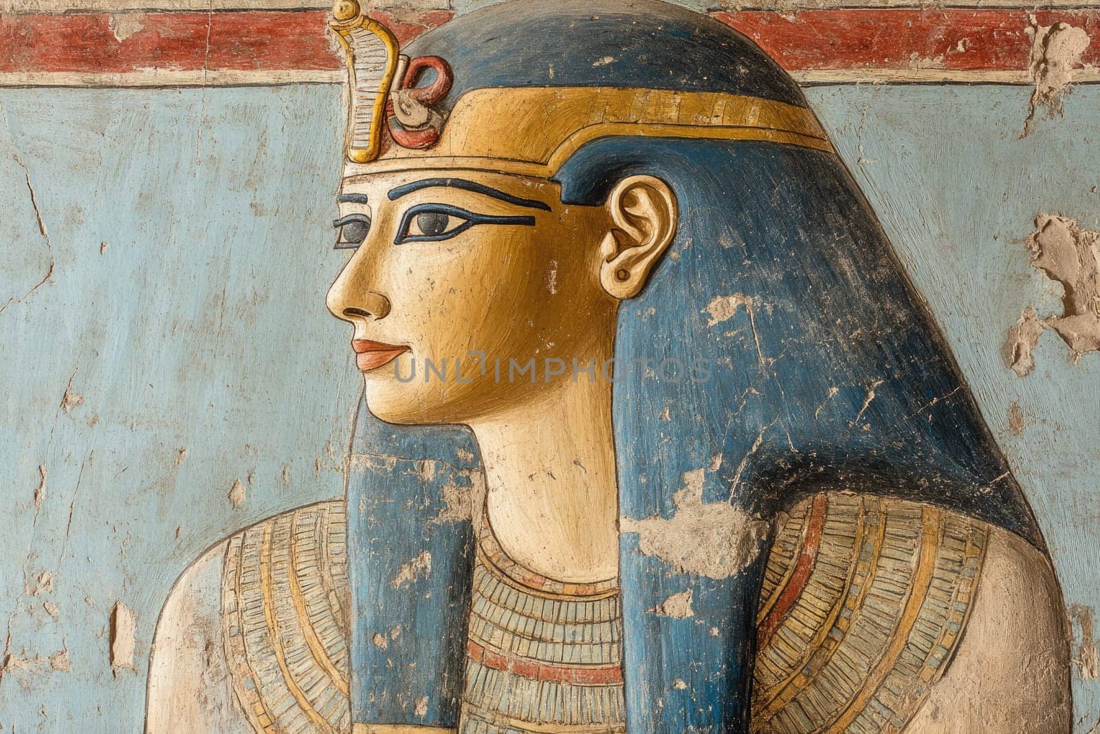 Ancient Egyptian mural: divine figure, pharaoh imagery, sacred artwork, royal icon, historical depiction, religious art, cultural heritage, hieroglyphic style, symbolic representation, regal painting