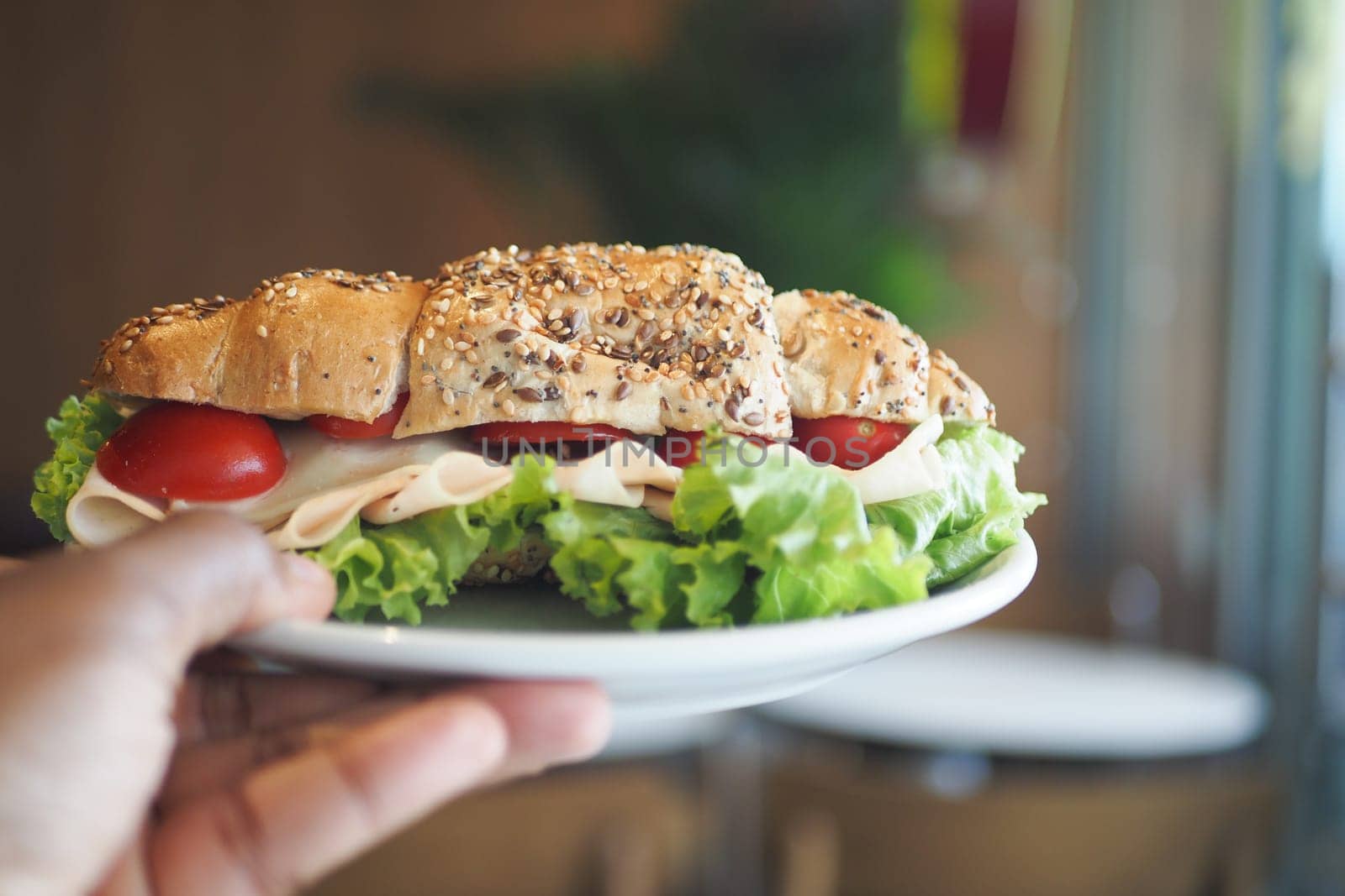 A vibrant turkey sandwich with fresh lettuce and juicy tomatoes, beautifully presented