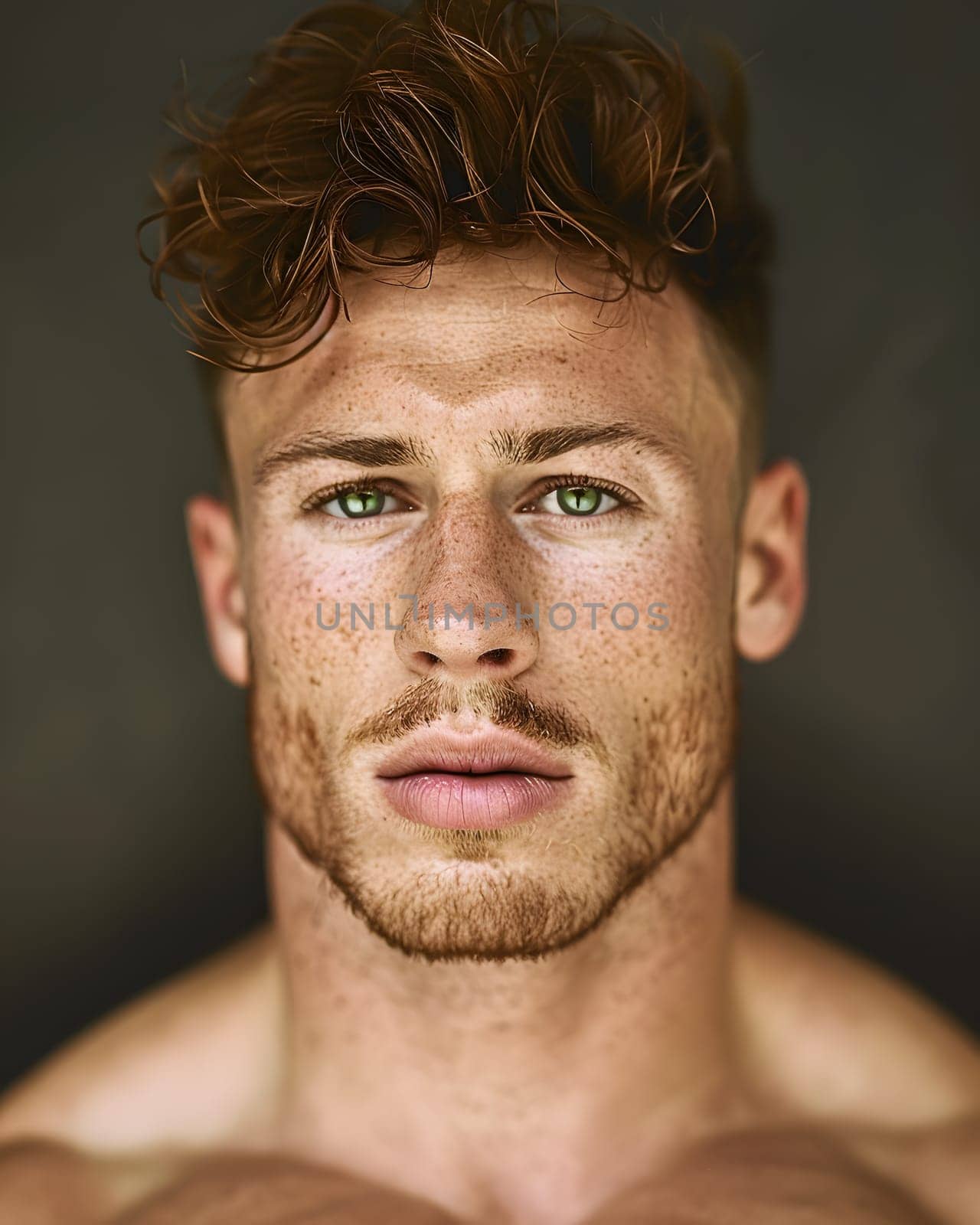 A man with red hair and green eyes gazes at the camera, showcasing his defined jawline, prominent cheekbones, and intense stare