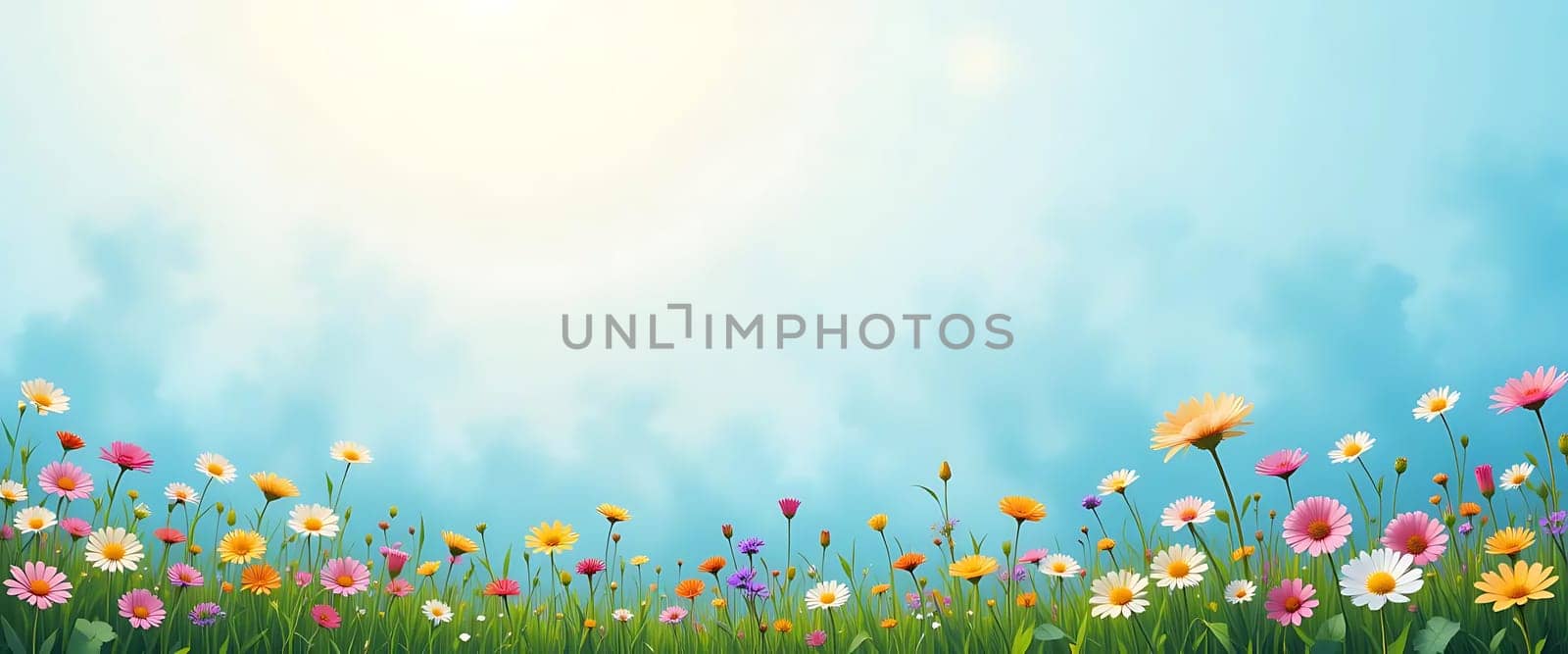 Beneath a soft, radiant sky, vibrant blooms dance in a gentle breeze, their colors whispering joy. Sunlight warms the scene, evoking tranquil, carefree days and the sweet scent of spring's renewal. Hope blossoms, unbound.