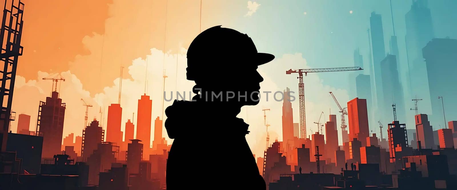 Silhouetted against a fiery sunset, a lone figure in a hard hat gazes at a sprawling cityscape under construction. Towering cranes cast long shadows, symbolizing ambition and growth. The hues of sunset blend with urban silhouettes, evoking hope, resilience, and the promise of tomorrow.