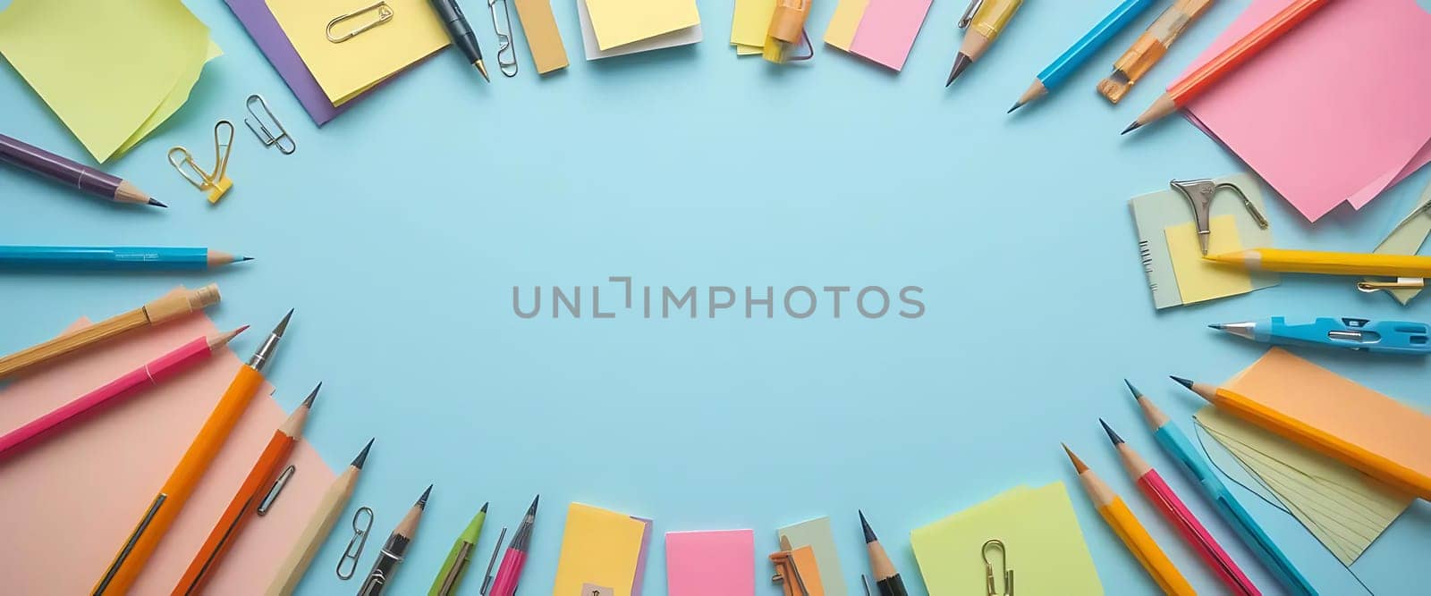 A vibrant symphony of creativity unfurls, as colorful pens and notes dance around an inviting azure expanse, stirring a sense of playful anticipation and endless possibility.